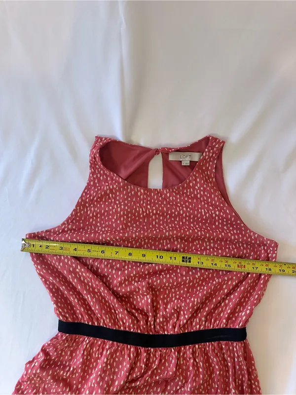 LOFT Coral Pink Printed Midi Dress with Black Waistband - Image 7