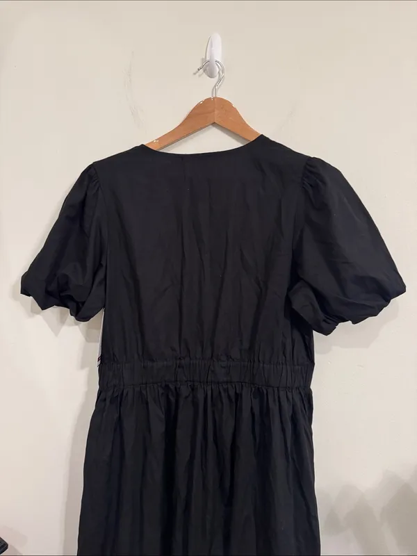 French Connection V-neck Short PuffSleeve Black Poplin Tier Maxi Dress size XL - Image 4