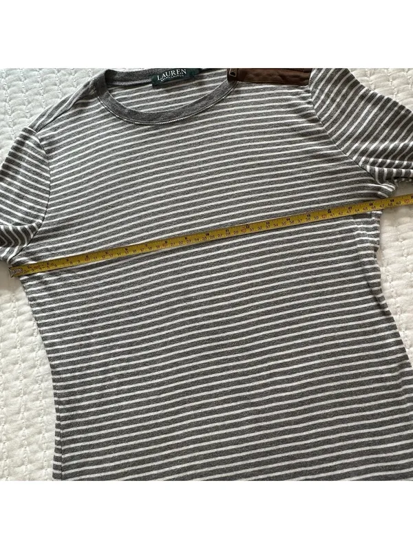 Lauren Ralph Lauren Large L Gray White Striped Long Sleeve T Shirt Brown Patches - Image 2