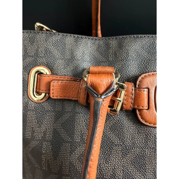 Michael Kors Hamilton Satchel Brown Logo PVC Leather Preppy Classic Tote Bag - Image 9