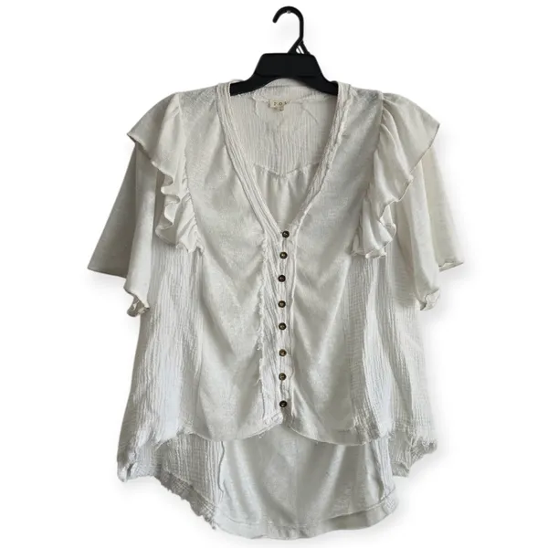 POL Droptail 100% Cotton White Ruffled Distressed Oversized Women's Top Size L‎ - Image 2