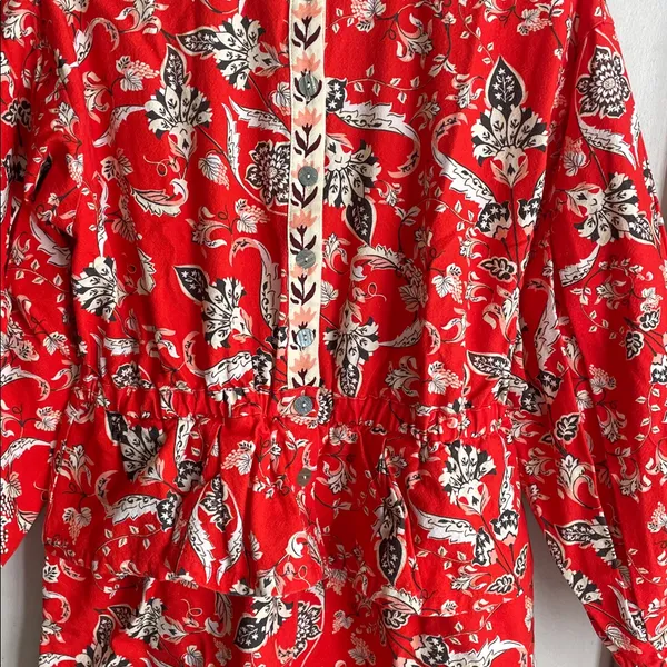 Farm Rio Anthropologie Long-Sleeve Printed Romper Red - Image 8