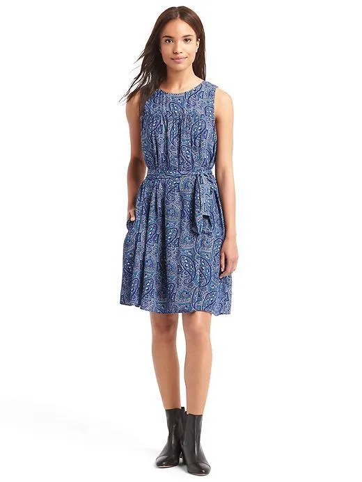 GAP Blue Paisley Shirred Swing Dress Tie Waist Pockets Size M - Image 3