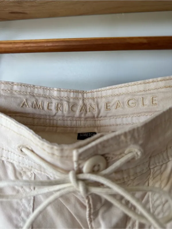 American Eagle Outfitters Ivory Beige Baggy Wide Leg Cargo Pants W Drawstring 4 - Image 6