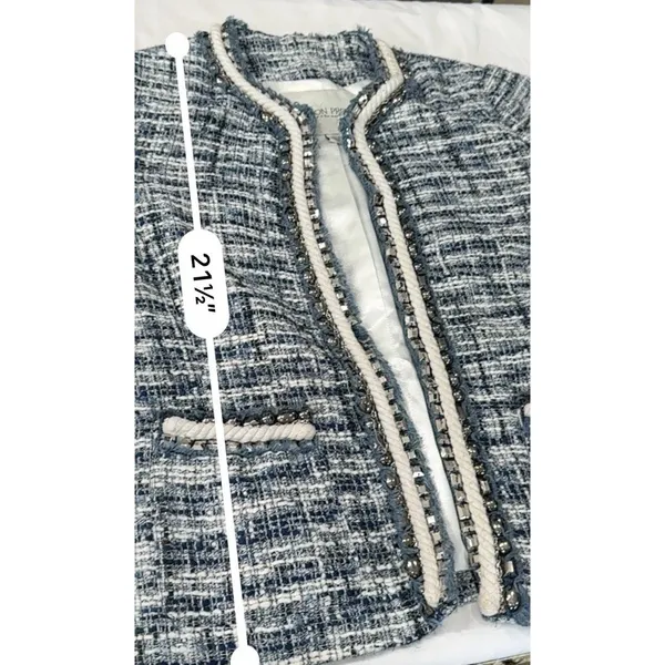 Boston Proper Blue Tweed Jacket Blazer Size 8 Bead Accents Rope Trim - Image 11