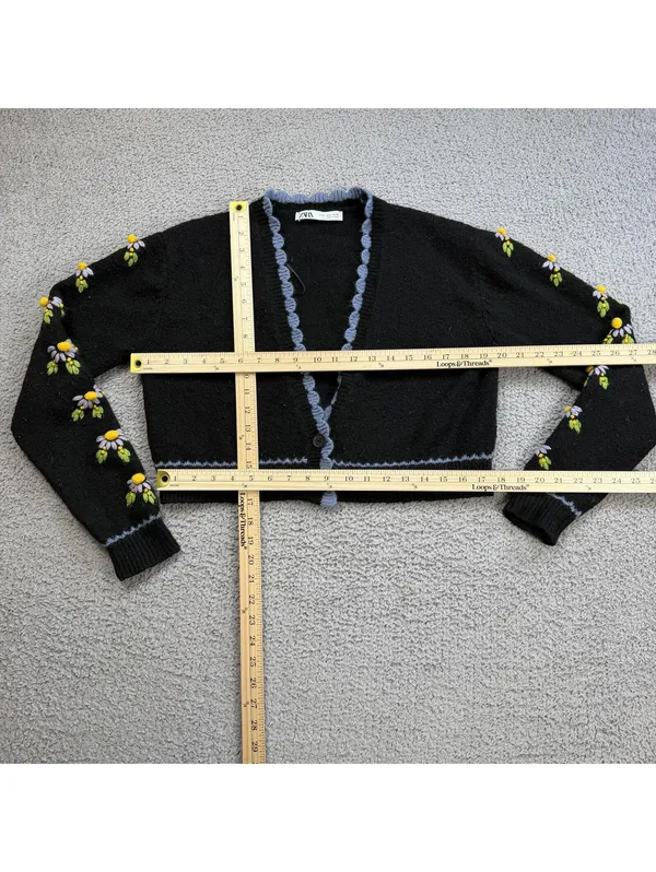 Zara Black Cropped Cardigan Small Floral Embroidered Cottagecore Sweater Womens - Image 3