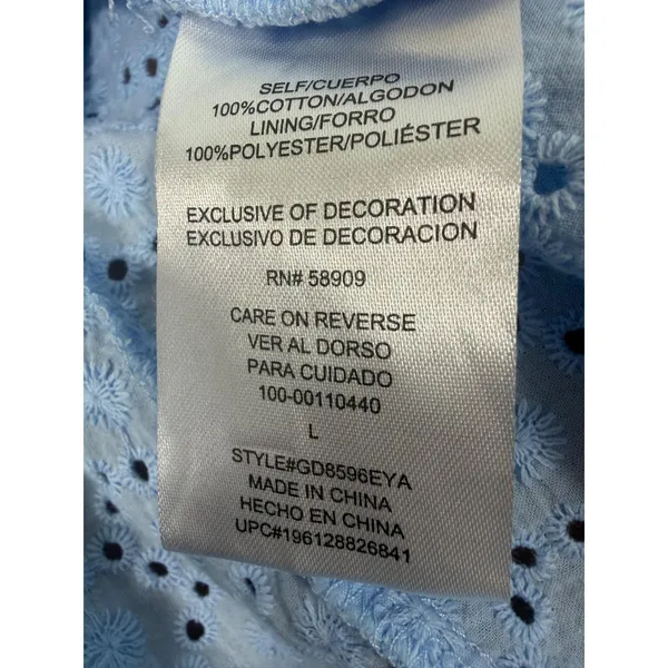 GB Eyelet Lace Mini Dress Womens L Light Blue Braided Tie Waist Long Sleeve Boho - Image 11