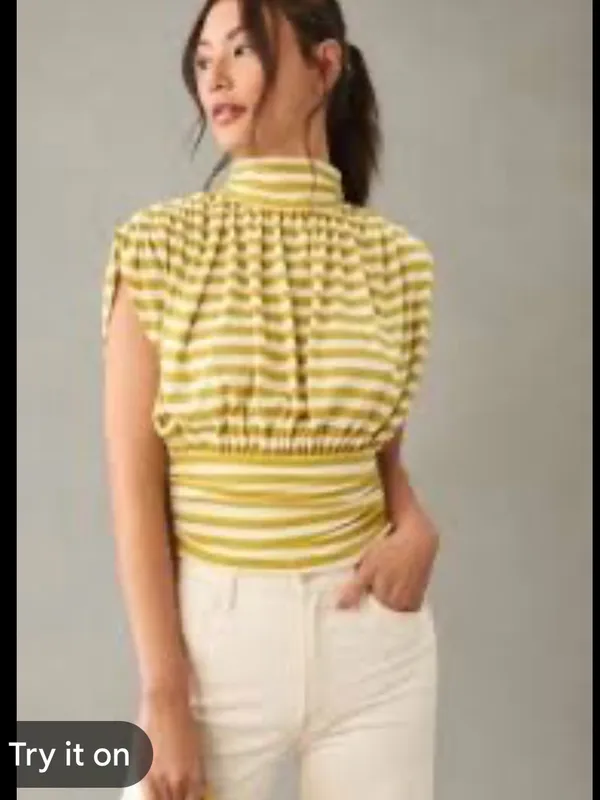 New With Tags Anthropologie Maeve Ruched Mock Neck Striped Top Sz M - Image 2