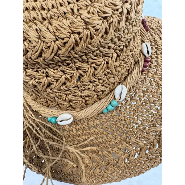 Panama Jack Women Brown Toyo Straw Sun Hat Cowrie Shell Bead‎ Tassel Vacation - Image 6