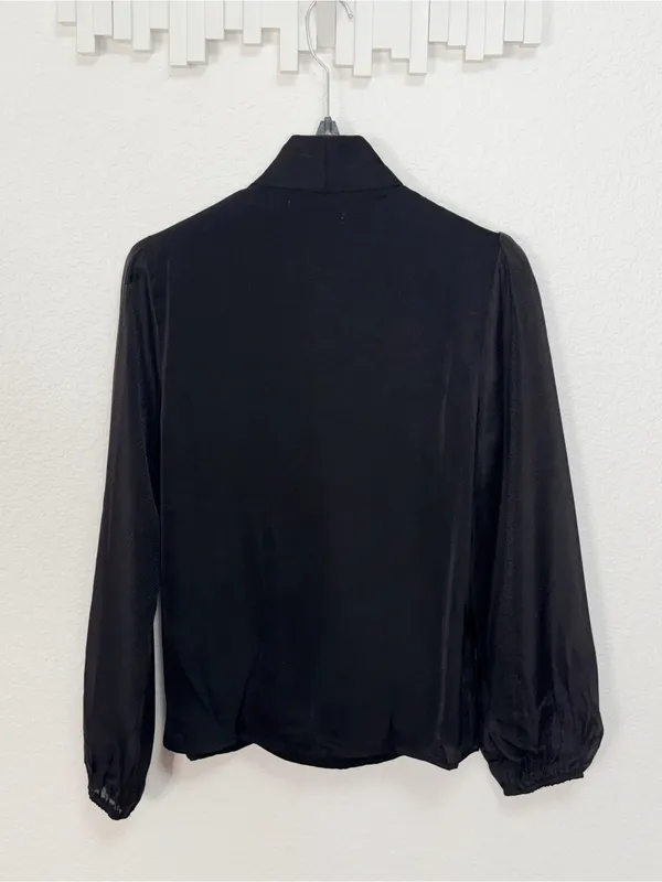Miss Sparkling Black Satin Surplice Wrap Blouse Draped Long Sleeve Elegant Top - Image 8