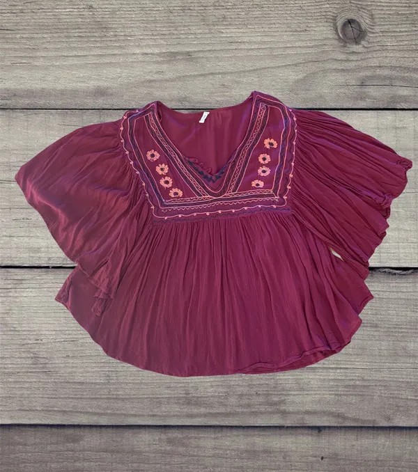 Flowy Maroon Hippie Top Embroidered Top Batwing Shirt Womens M Earthy - Image 5