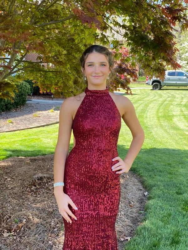 La Femme Sequin Halter Neck Mermaid Prom Dress - Image 3