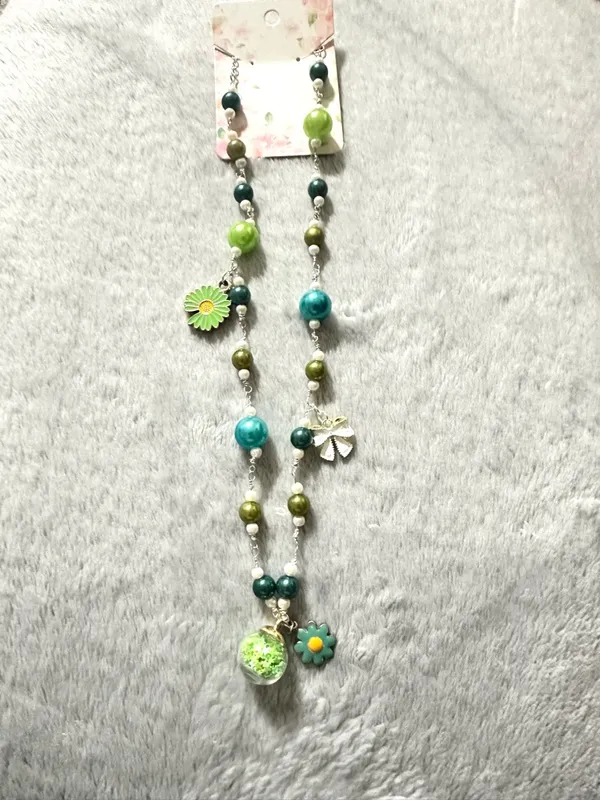 Green & Teal Beaded Flower Charm Necklace - Women Jewelry - Image 2