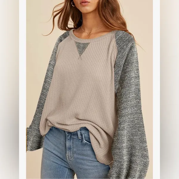 NEW Waffle Knit Tops Casual Crewneck Contrast Long Sleeve Shirt Loose Pullover M - Image 5