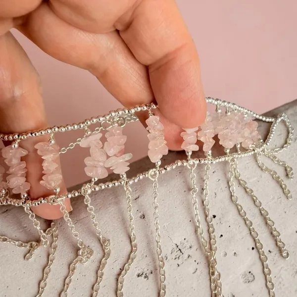 Rose Quartz Fringe Choker Necklace 925 Silver Plated - Image 6