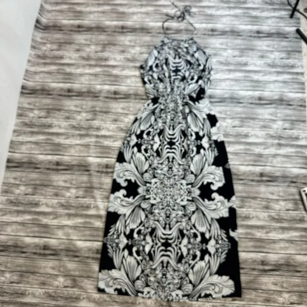 Million Bullpup Paisley Maxi Dress Halter Drop Waist Boho White Navy Small - Image 14