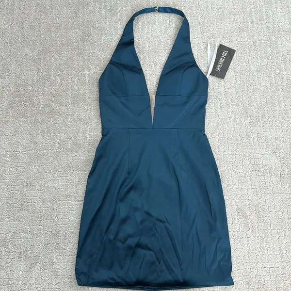 NEW NWT Sherri Hill 51420 Halter Plunge Satin mini dress hoco cocktail teal - Image 4