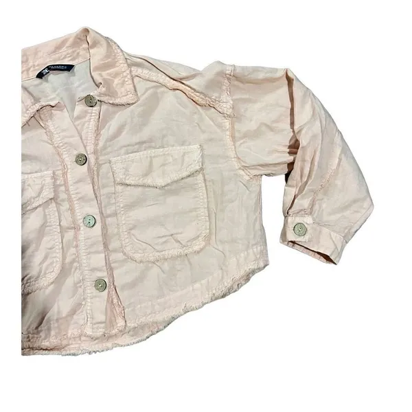 Zara Cropped Linen‎ Blend Jacket Peach Pink Frayed Raw Hem Utility sz M - Image 5