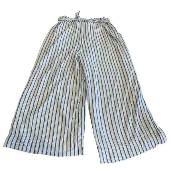 American Eagle Striped Wide Leg Culotte Pant L White Blue‎ Tie Waist Coastal - Image 3