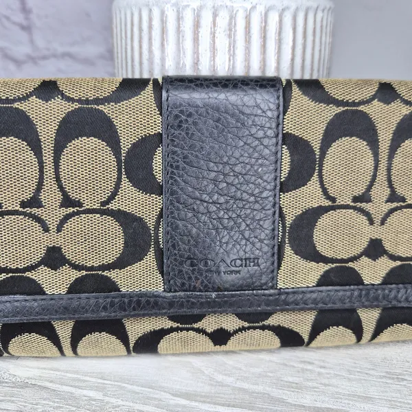 Coach Signature Jacquard Trifold Wallet Black Beige Canvas Leather Checkbook Y2K - Image 3