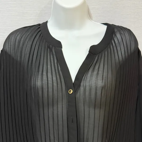 Michael Kors Black Pleated Sheer Tie Front Blouse Gold Button V-Neck Top - Image 4