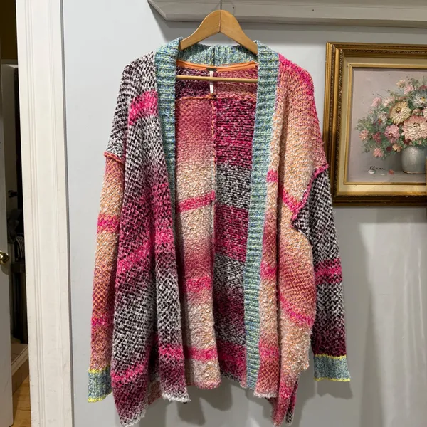 Free People Oversized ‎ Daydreamer Patchwork Knit Cardigan Sweater Pink Size S - Image 2