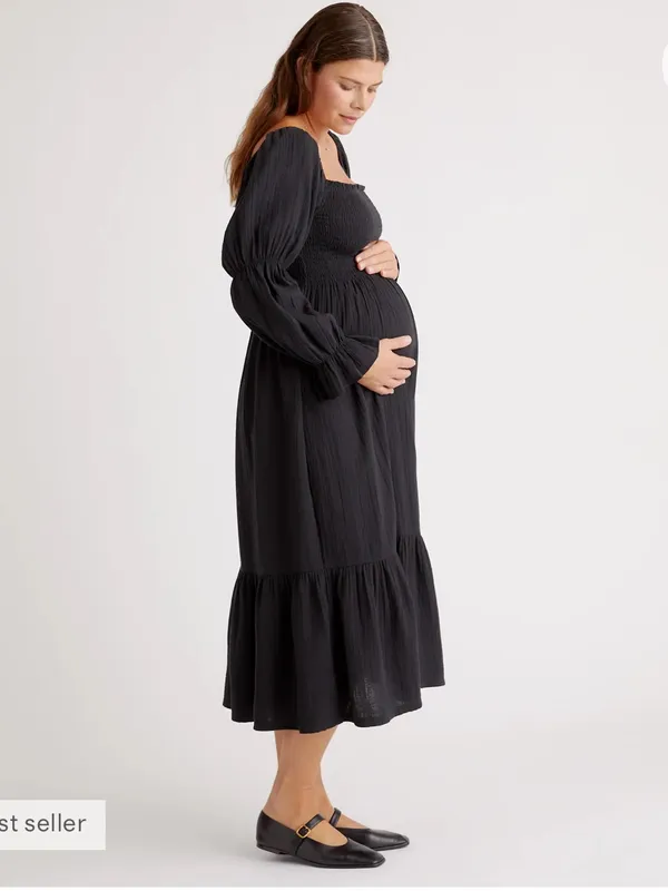 Quince 100% Organic Cotton Gauze Maternity Smocked Midi Dress Black Large - Image 3