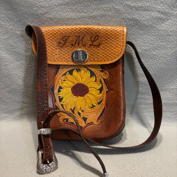 Women's Brown Hand-tooled Leather Crossbody Bag with Sunflower design monogram - Image 8