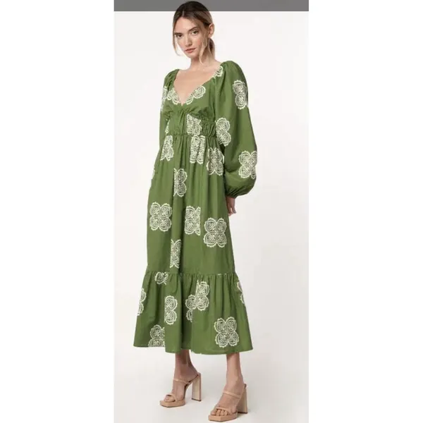 CIEBON Serbita green white Embroidered tiered peasant Dress Size Small Linen - Image 3