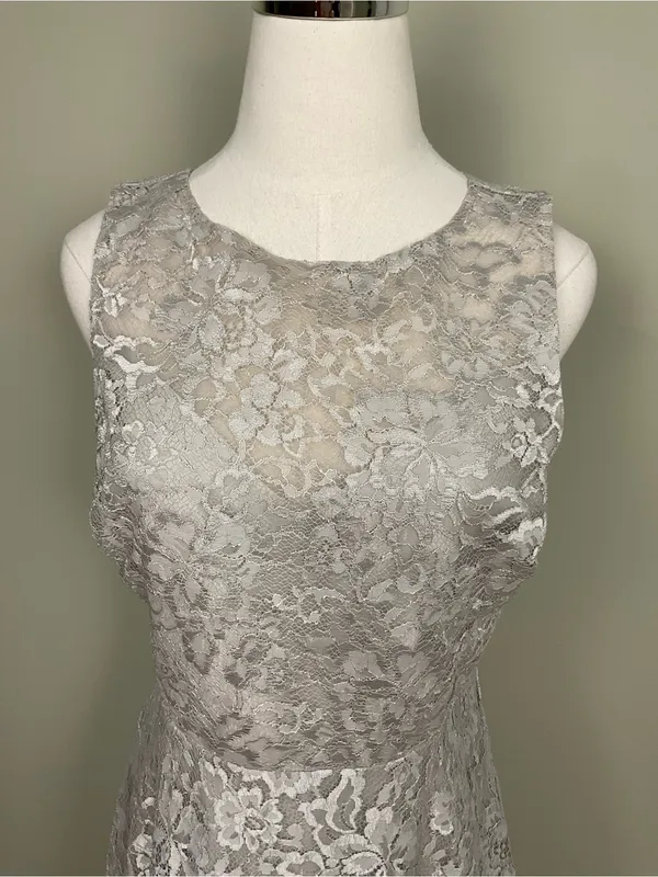 Alice + Olivia Metallic Natalia Open Back Lace Mini Dress Taupe Silver Sz 10 - Image 2