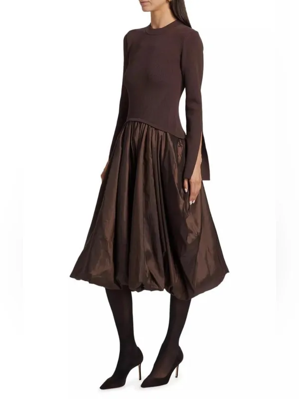 SIMKHAI Kenlie Ribbed Knit Bodice Taffeta Bubble Dress Brown Size Large NWOT - Image 11