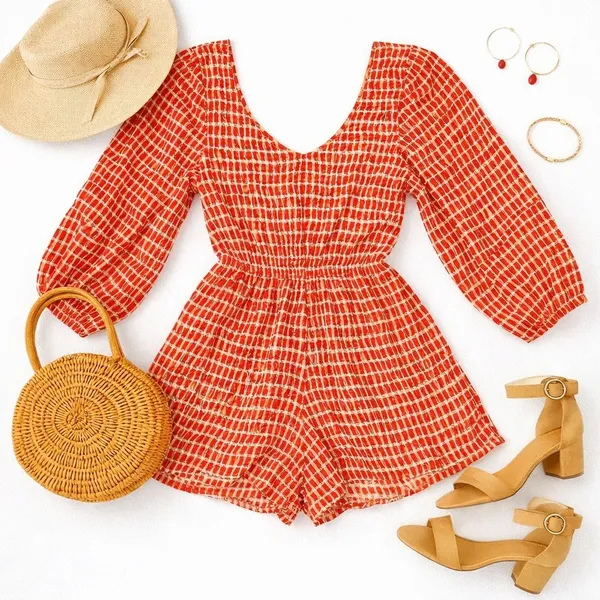 Altar’d State Orange Red Plaid Smocked Romper Women’s Medium Balloon Sleeve EUC - Image 5