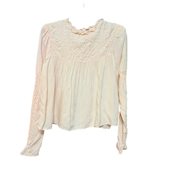 Free People Smocked in Time‎ Romantic Billowy Peach Pink Ethereal Top Sz Small - Image 5