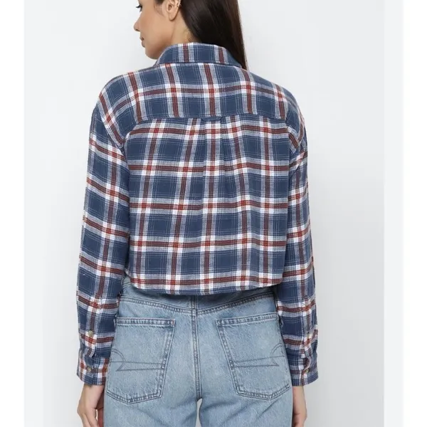 American Eagle cozy cabin cropped blue plaid flannel xsmall - Image 2
