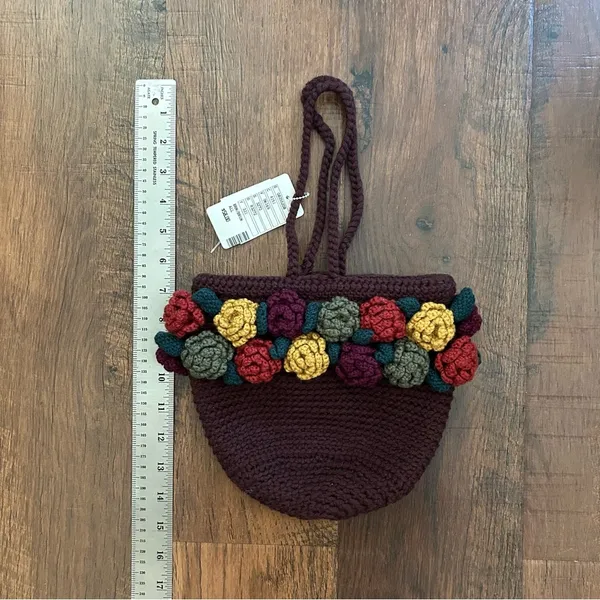 ANTHROPOLOGIE brown crochet wool bag with crochet flowers, NWT - Image 12