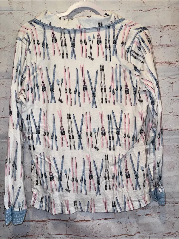 Munki Munki Women’s Ski Print Button Front Pajama Top pants S White Blue Pink - Image 10