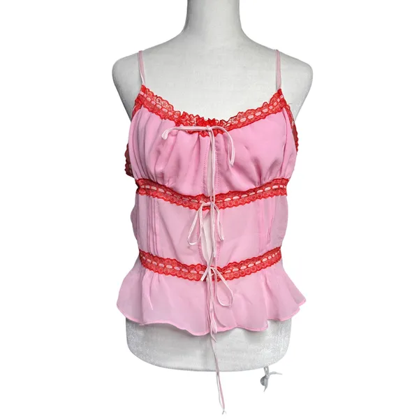 Kimchi Blue Ivy Lace Inset Cami Pink Red Tie Front Urban Outfitters XS S - Image 2