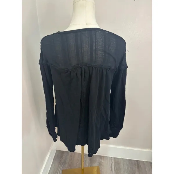 We The Free Free People Black Linen Blend Henley Babydoll Top Long Sleeve Medium - Image 4