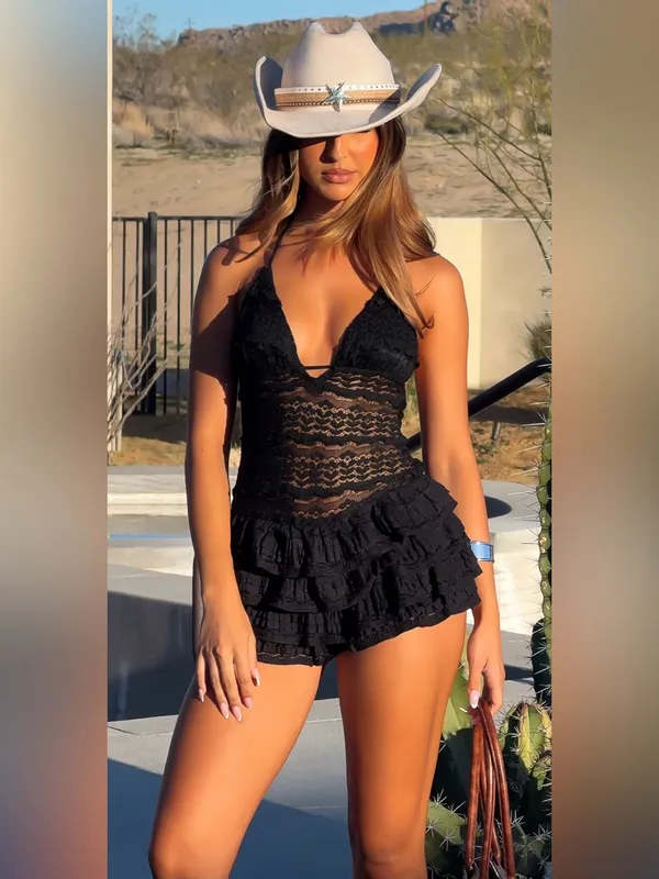 White Fox Boutique Black Lace Ruffle Mini Dress - Image 6