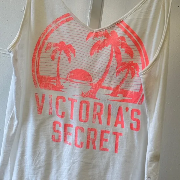 Victorias Secret Tank Top Large White Neon Pink Palm Tree Graphic V-Neck Cami - Image 3