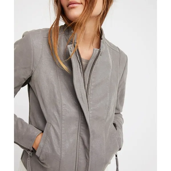 FREE PEOPLE Cool & Clean Faux-Leather Jacket Ribbed Knit Insets Zip Cuffs Size - Image 14