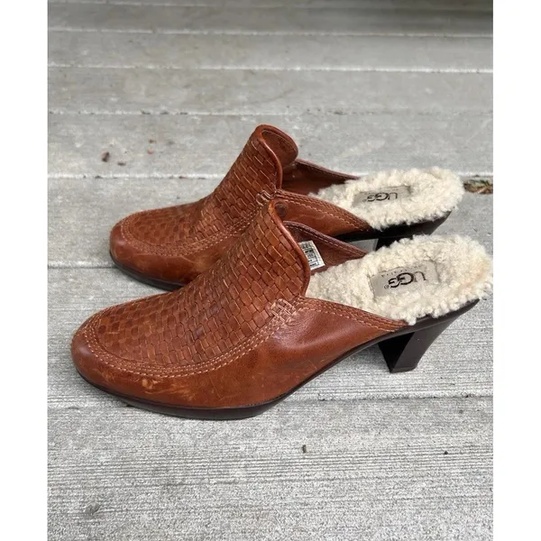UGG‎ Australia 5564 Woven Leather Shearling Lined Heeled Mules Brown Womens 8.5 - Image 2