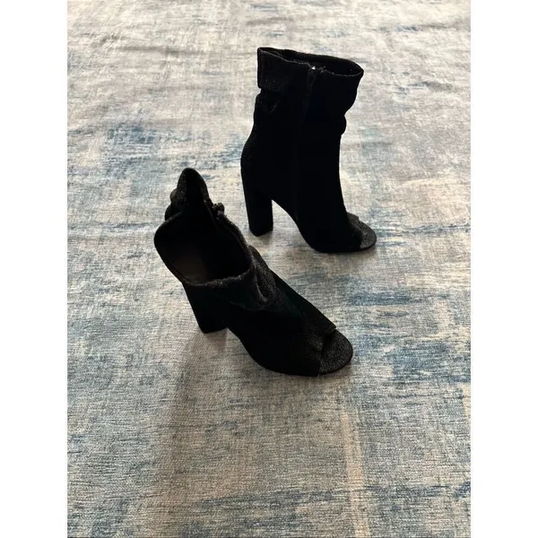 Qupid Black Sparkle Fabric Peep Toe Side Zip Block Heel Boots Size 6 - Image 2