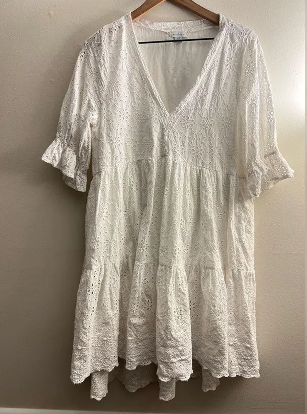 Sundance Jasmine White Eyelet midi Dress tiered asymmetric M petite - Image 3