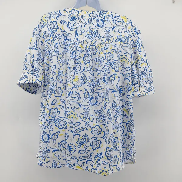 Ann Taylor NWT Women M Blue Yellow Floral Short Sleeve Split Neck Blouse Top - Image 6