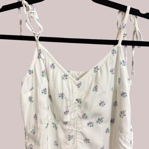 Hollister XS White‎ Ditsy Floral Ruched Mini Dress Tie Strap Summer - Image 4