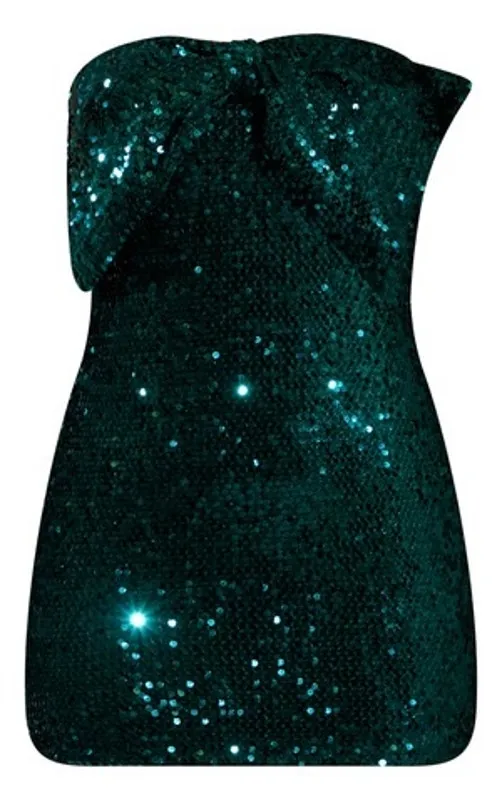 PrettyLittleThing Emerald Green Sequin Bow Bandeau Bodycon Dress 6 - Image 2