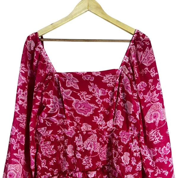 Sim & Sam Floral Paisley Smocked Mini Dress Red Pink Boho Balloon Sleeve Size XL - Image 2