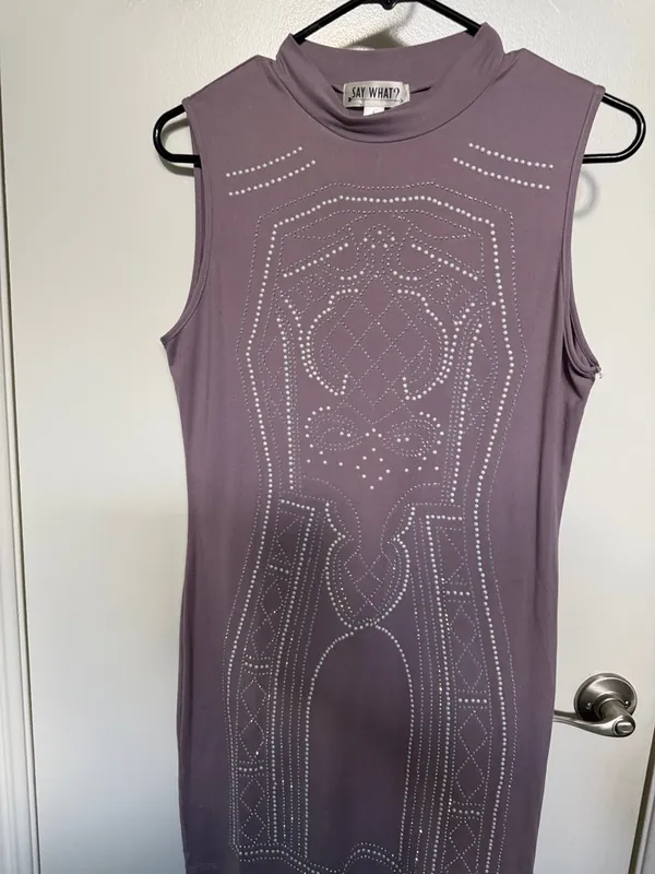 Say What? Mauve Sleeveless Mock Neck Studded Bodycon Mini Dress - Image 3