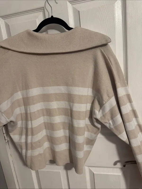 Sincerely Jules Beige and White Striped Half-Zip Sweater - Image 6